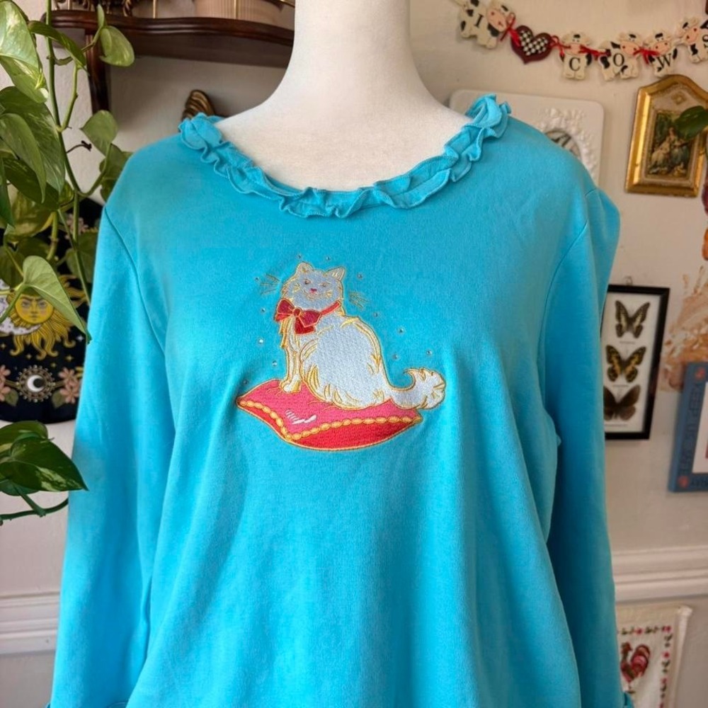Vintage Quacker Factory Women M Blue 2 Pc Set Embroidered‎ Cat Rhinestone Ruffle